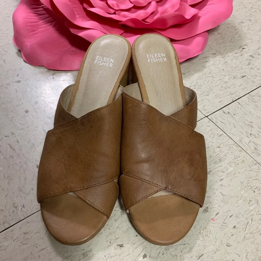 EILEEN FISHER Womens Sz 8.5 Haven Nubuck Leather Slide Sandals Block Heel‎